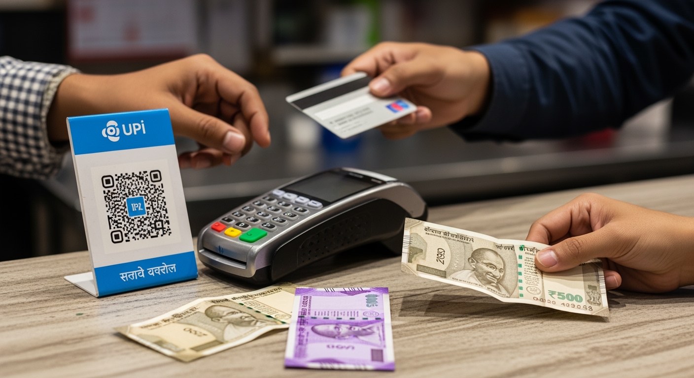 Counter पर Pine Labs terminal + UPI QR stand साथ में रखे हैं — customer payment कर रहा है