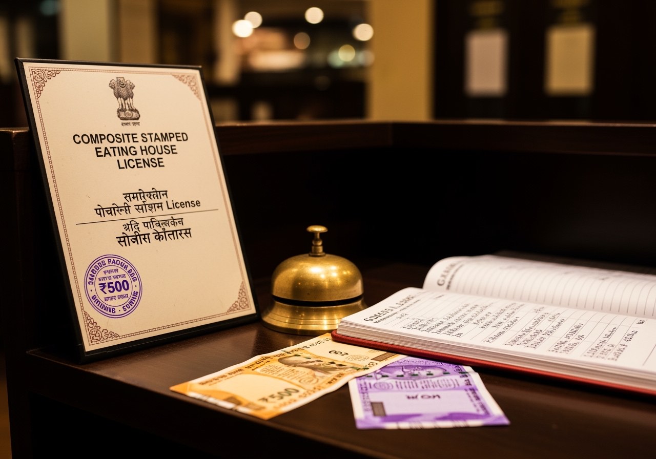 Restaurant frontage with FSSAI licence number and licences displayed near entrance — compliance corner