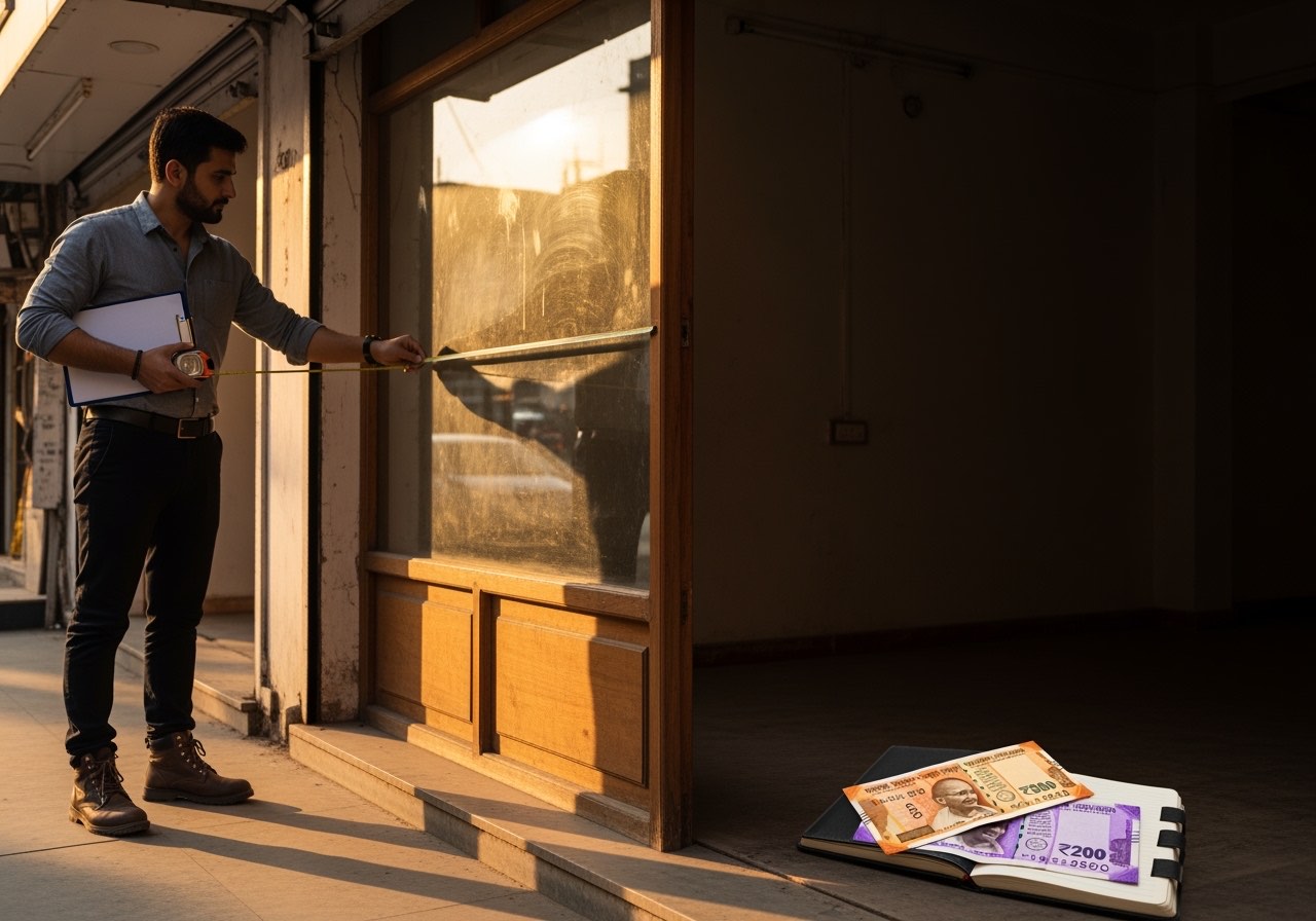 Operator measuring frontage at a high-street site at golden hour, NCR