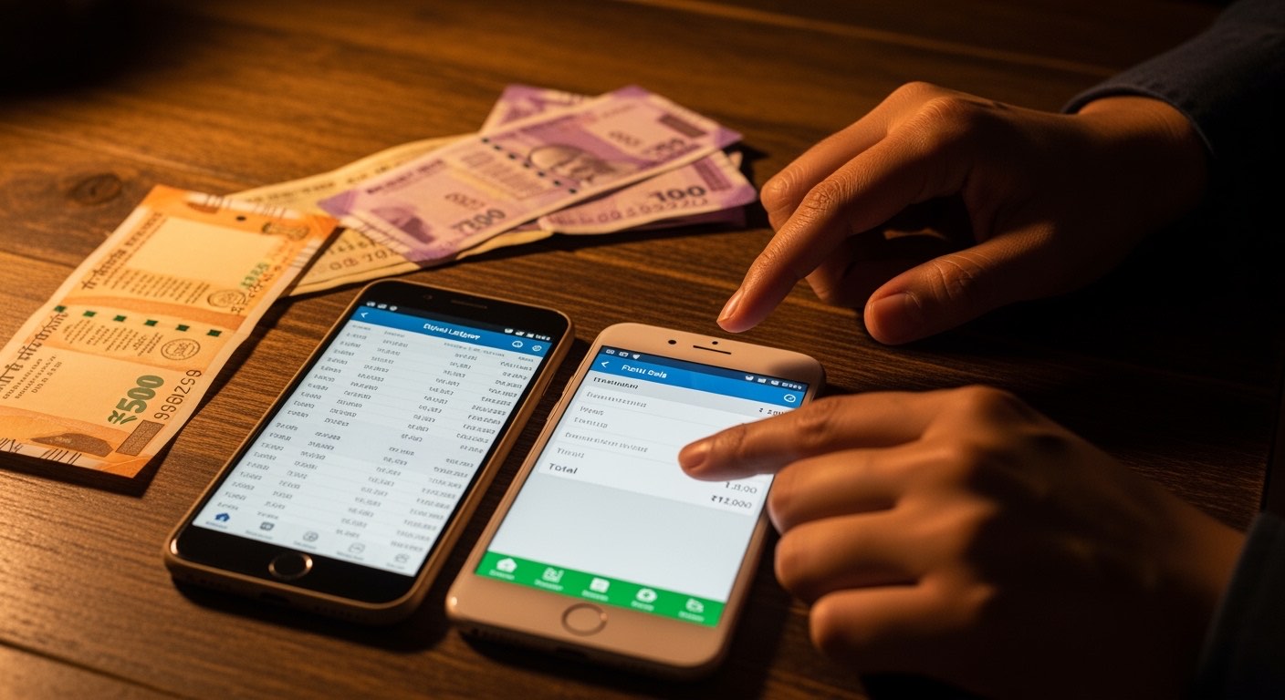 Side-by-side phone screens on a wooden counter, generic ledger and POS screens visible without readable text