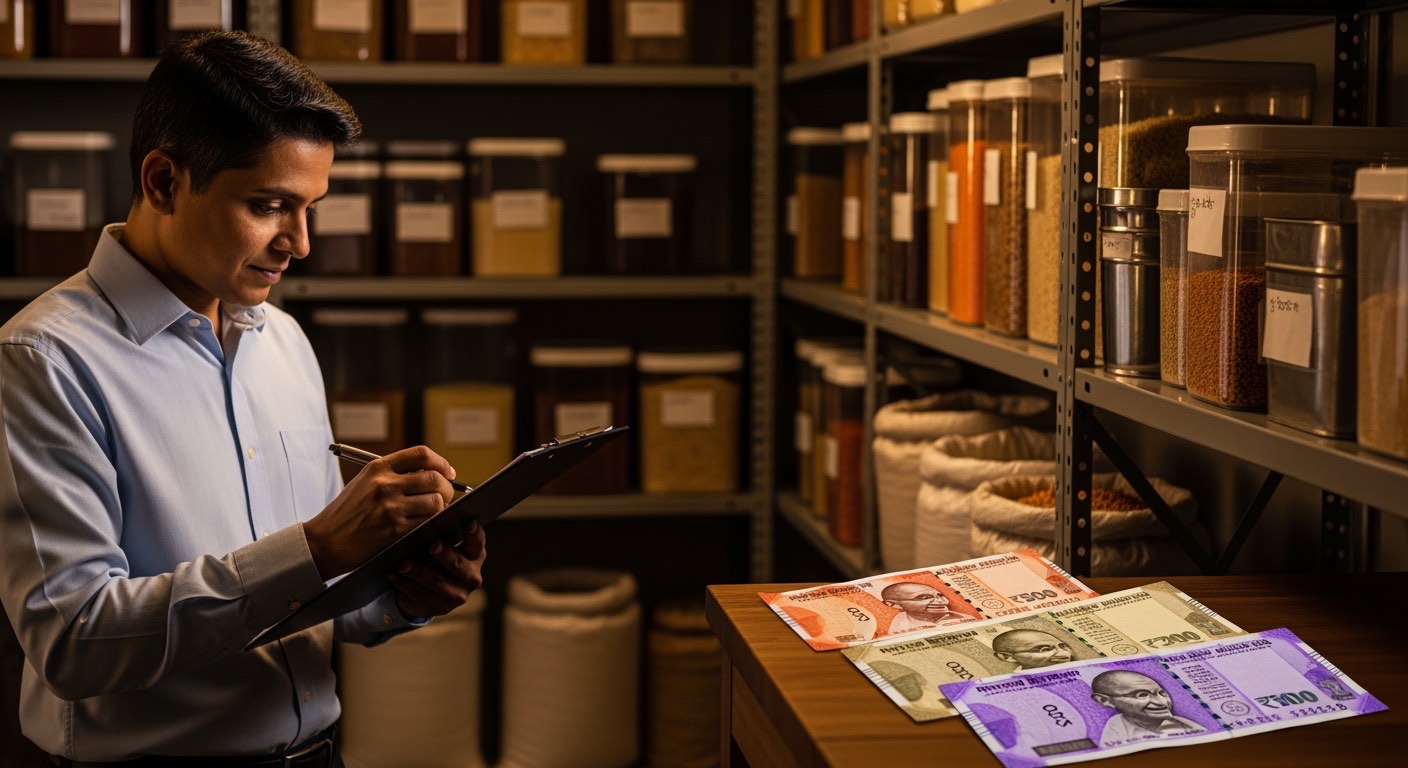Manager with a clipboard standing at the storeroom doing a closing stock count, shelves with labelled containers, calm focused lighting, no logos