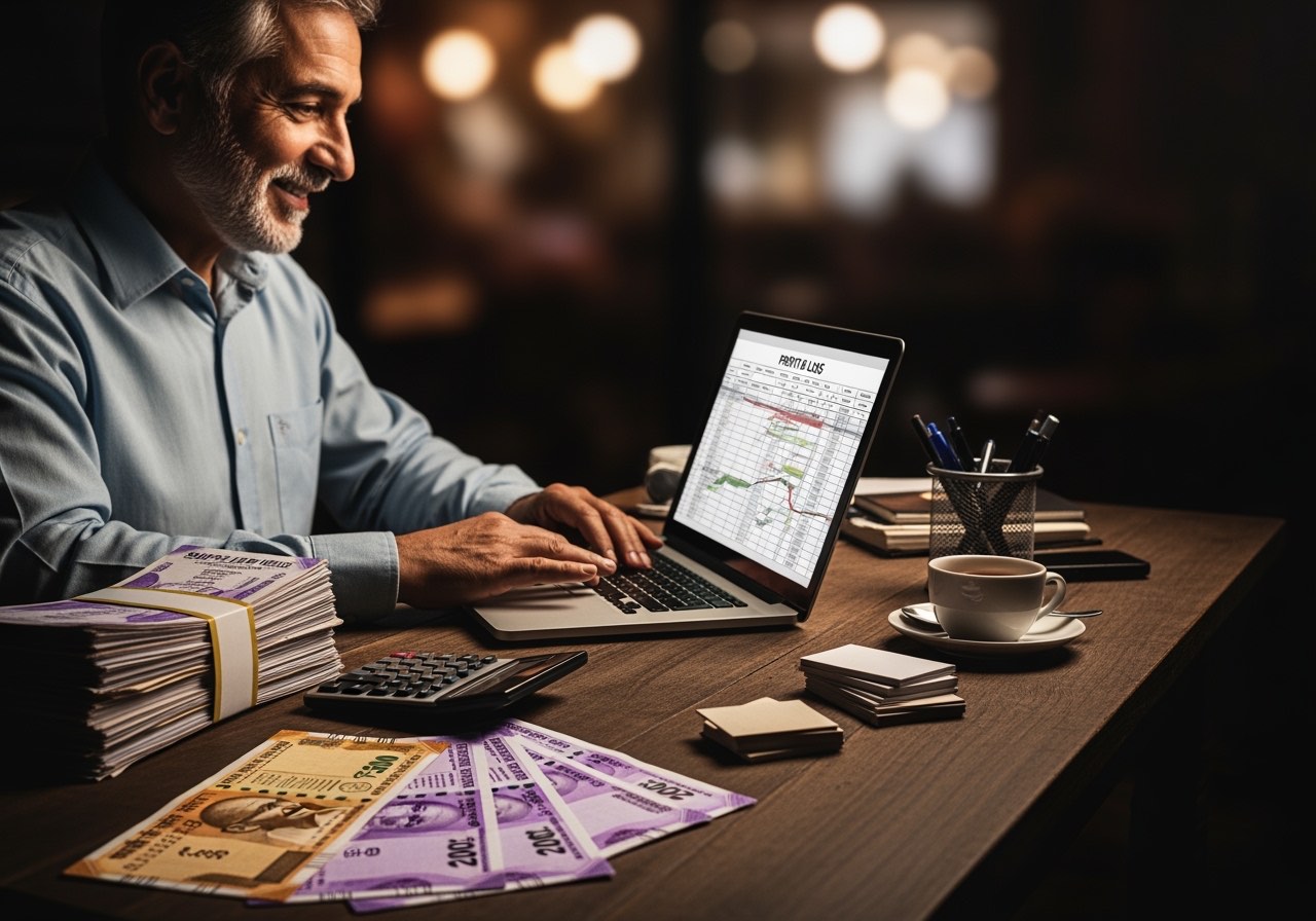 Composite restaurant owner at a back-office desk reviewing a P&L spreadsheet on a laptop, calculator and supplier bills clipped together on the side, warm tungsten light, no readable logos