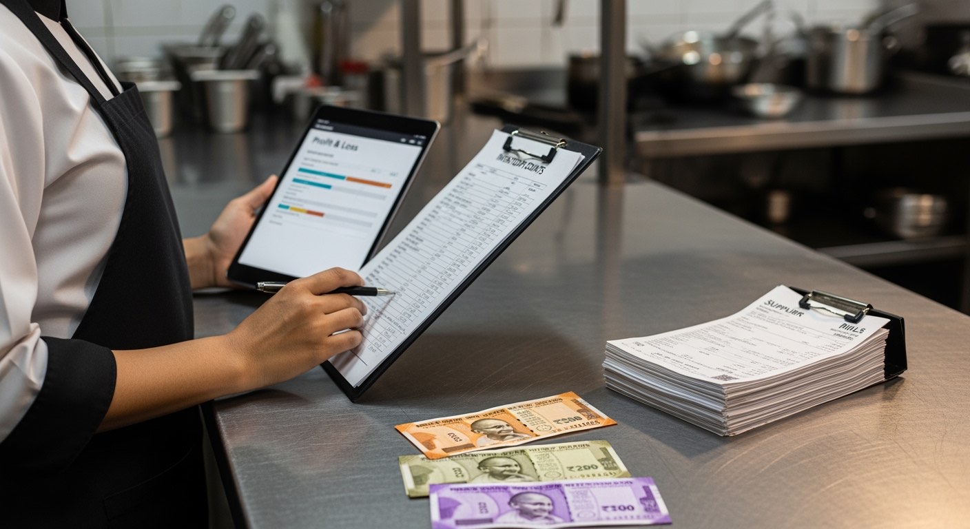 Composite manager at the kitchen pass with a clipboard reviewing inventory counts and a tablet showing a P&L dashboard, supplier bills clipped together on the side, calm focused lighting