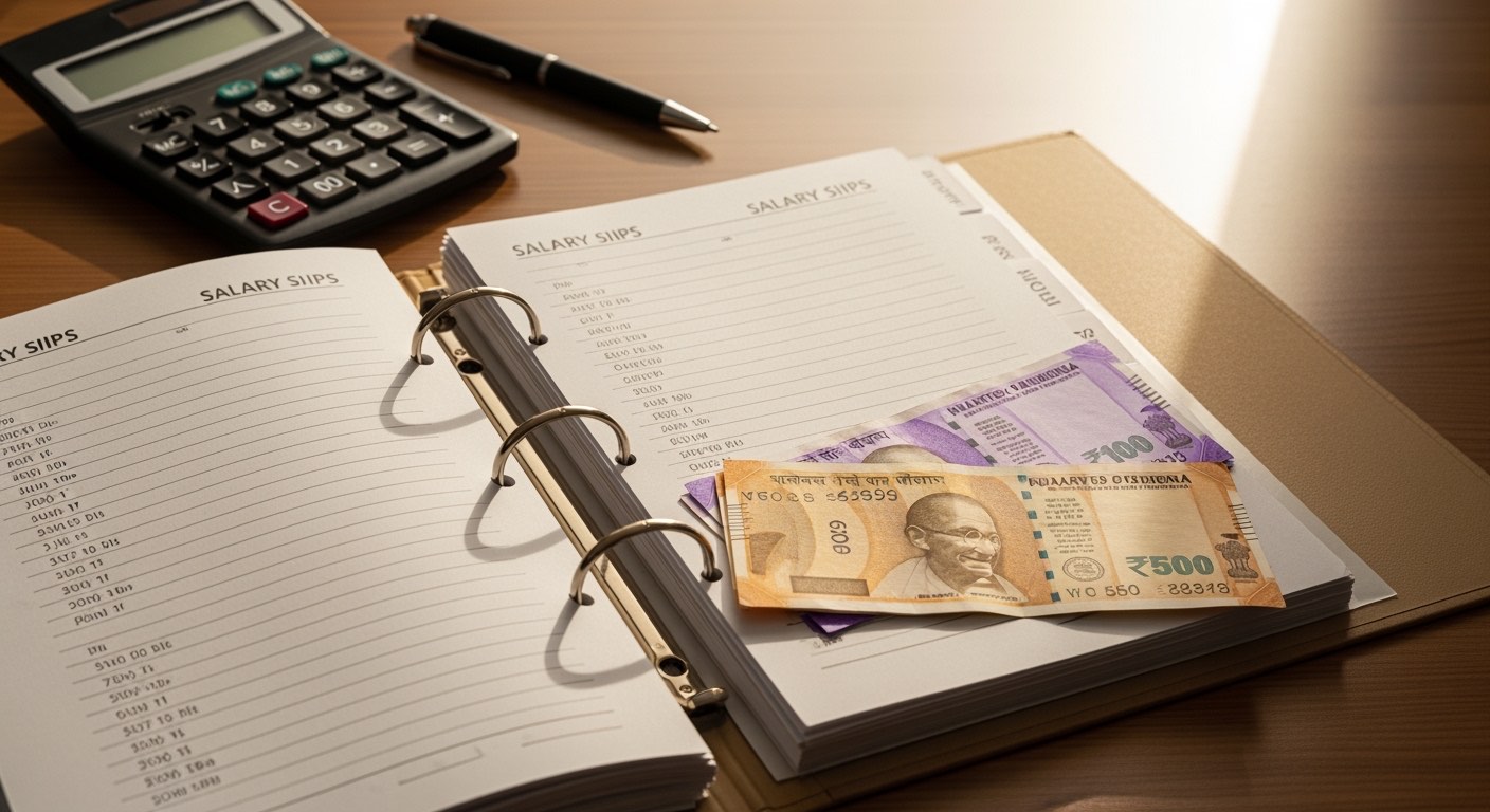 Indian restaurant payroll binder with monthly salary slips filed by date
