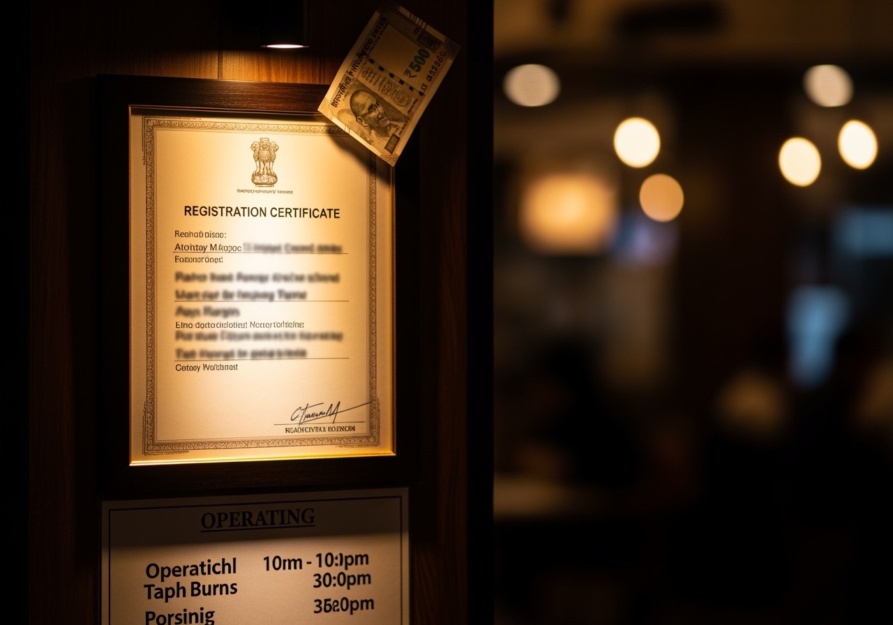 Restaurant front with operating hours displayed and Shops Act certificate visible