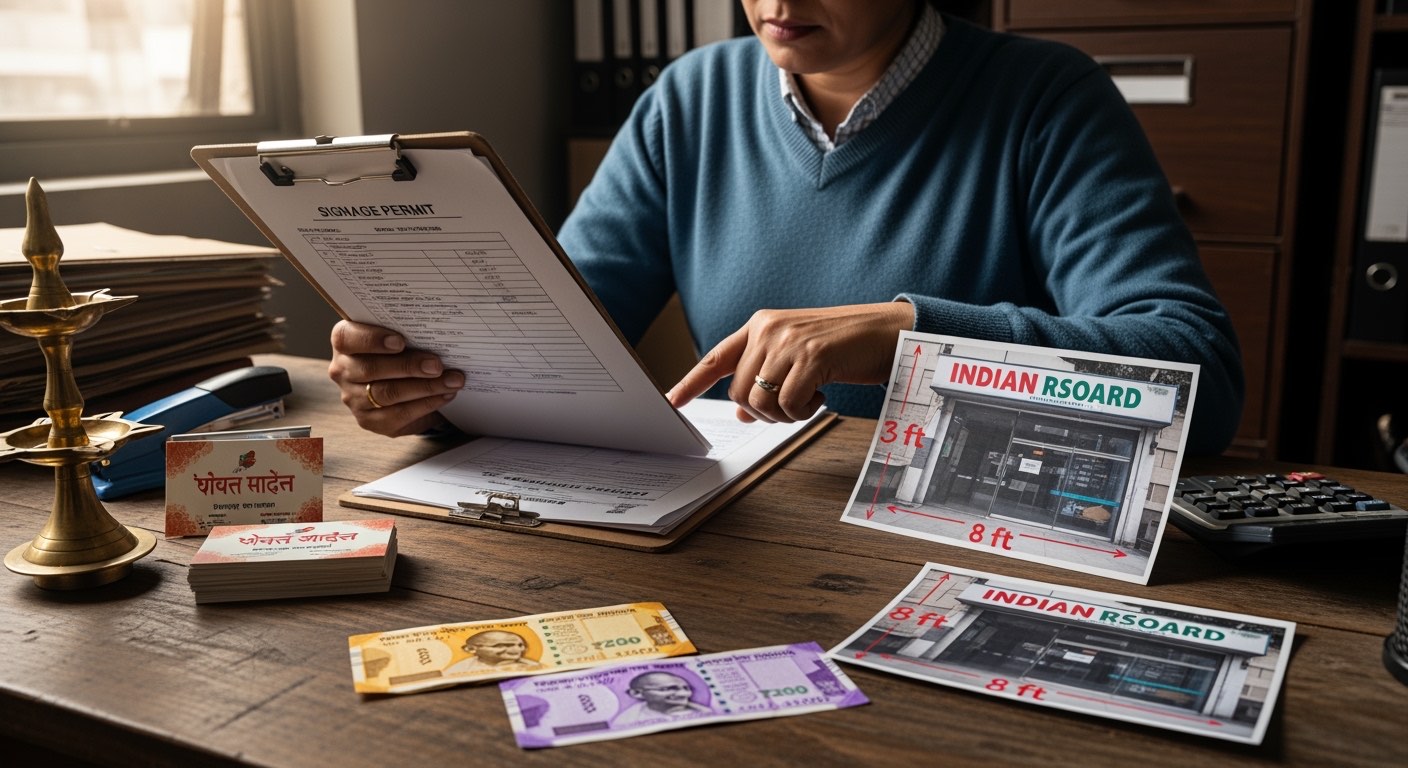 Composite restaurant owner reviewing a signage permit document and photographs of the storefront on a clipboard at the back office, soft daylight