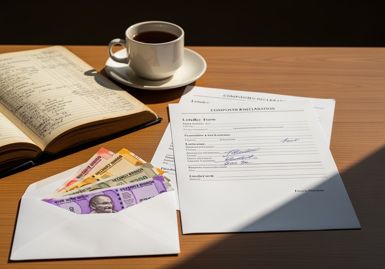 Loan officer reviewing financial projections page at a bank desk