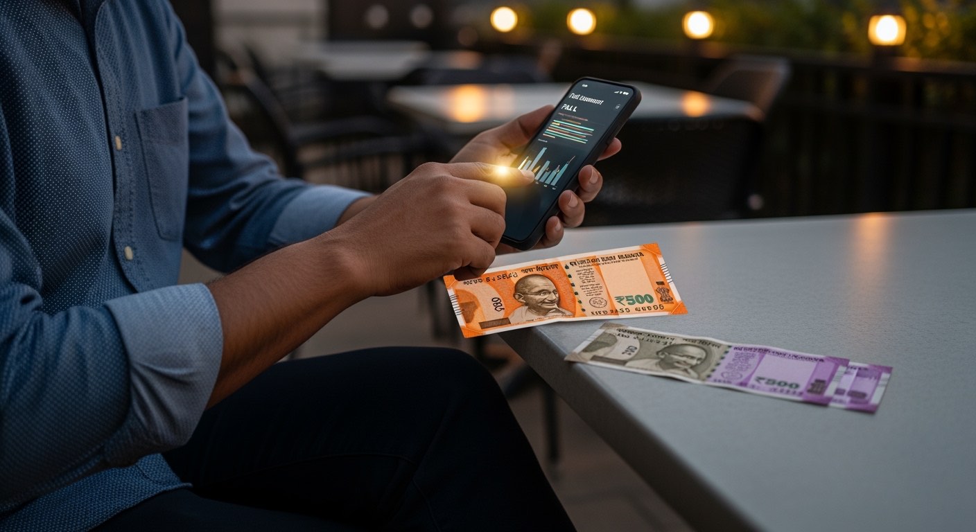 Owner reviewing a P&L on a phone screen on a restaurant patio after closing time, no readable text visible