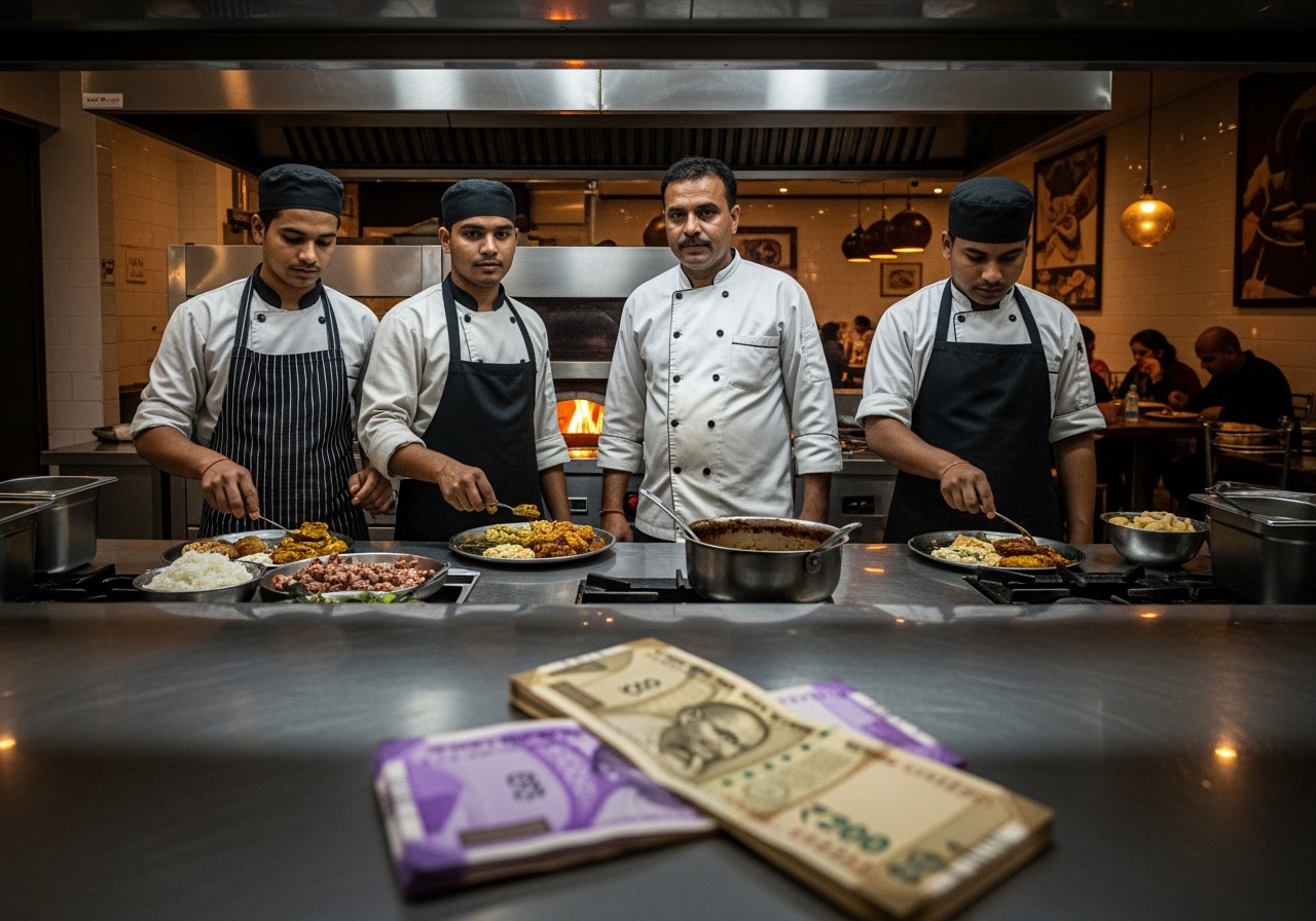 A composite Lucknow casual-dining restaurant at peak — kitchen brigade younger than metro equivalent, table mix of families and regulars
