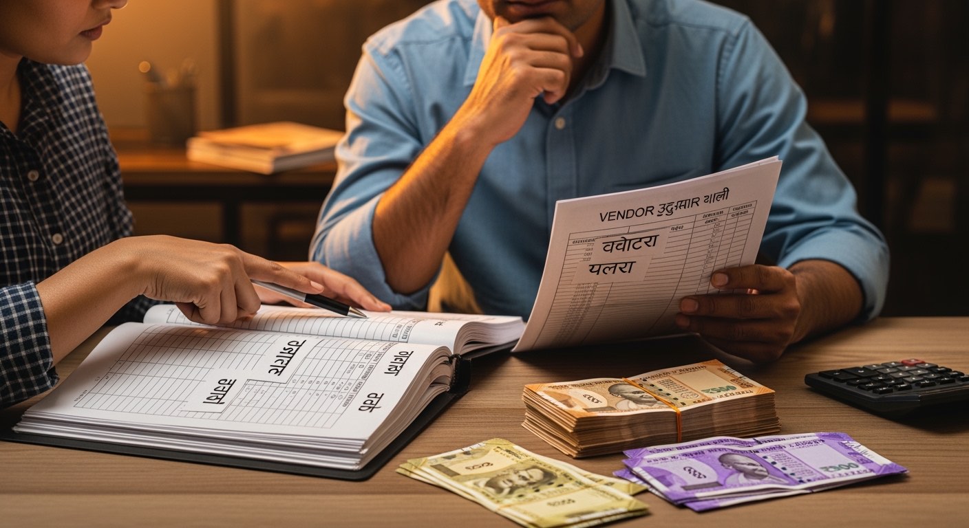 Owner reviewing vendor udhaar bahi with the supply manager — vegetables vendor, dairy vendor, gas cylinder vendor pages stacked