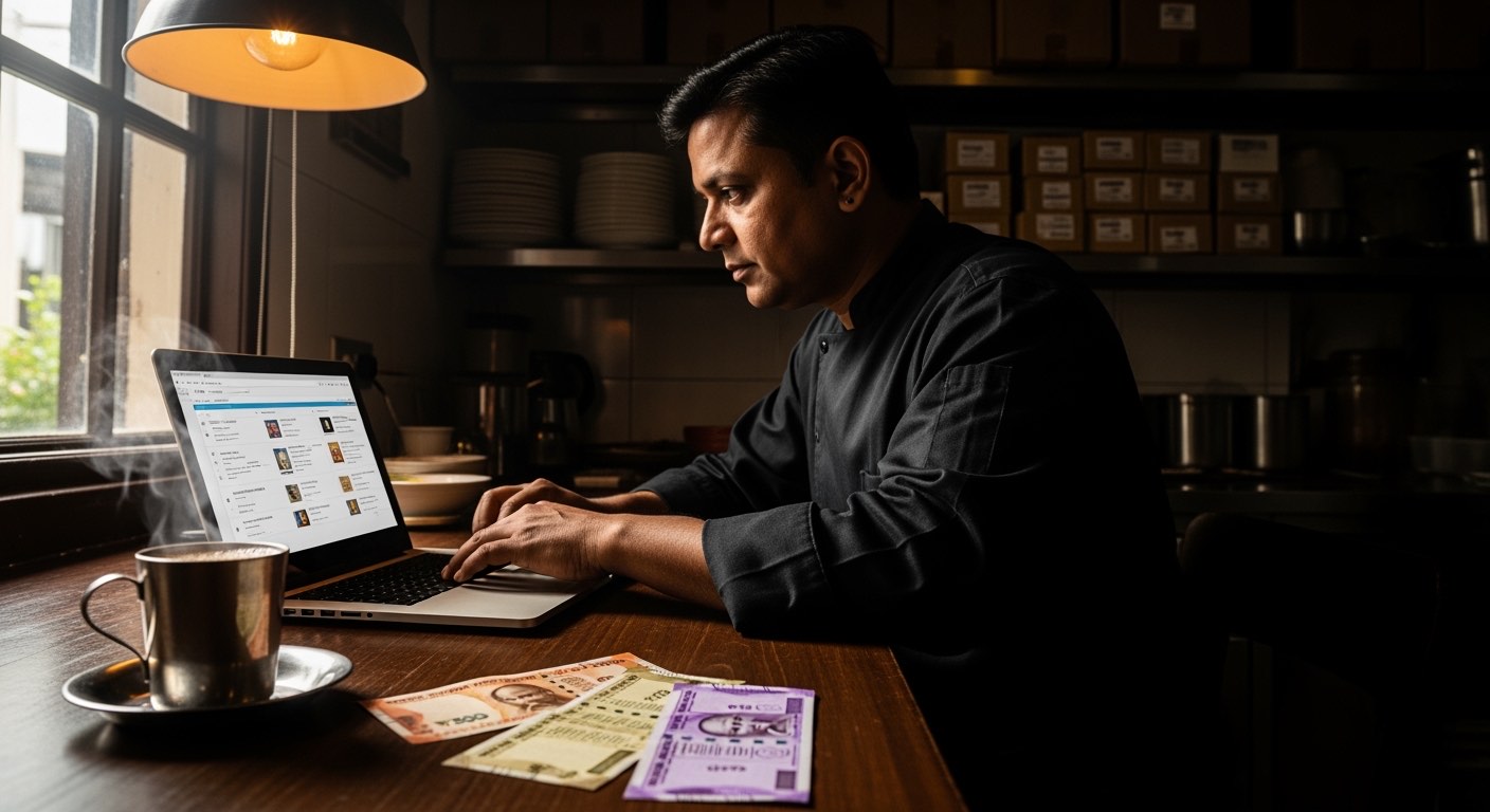 Owner reviewing a broadcast schedule on a laptop in a cafe back office, no readable text on screen